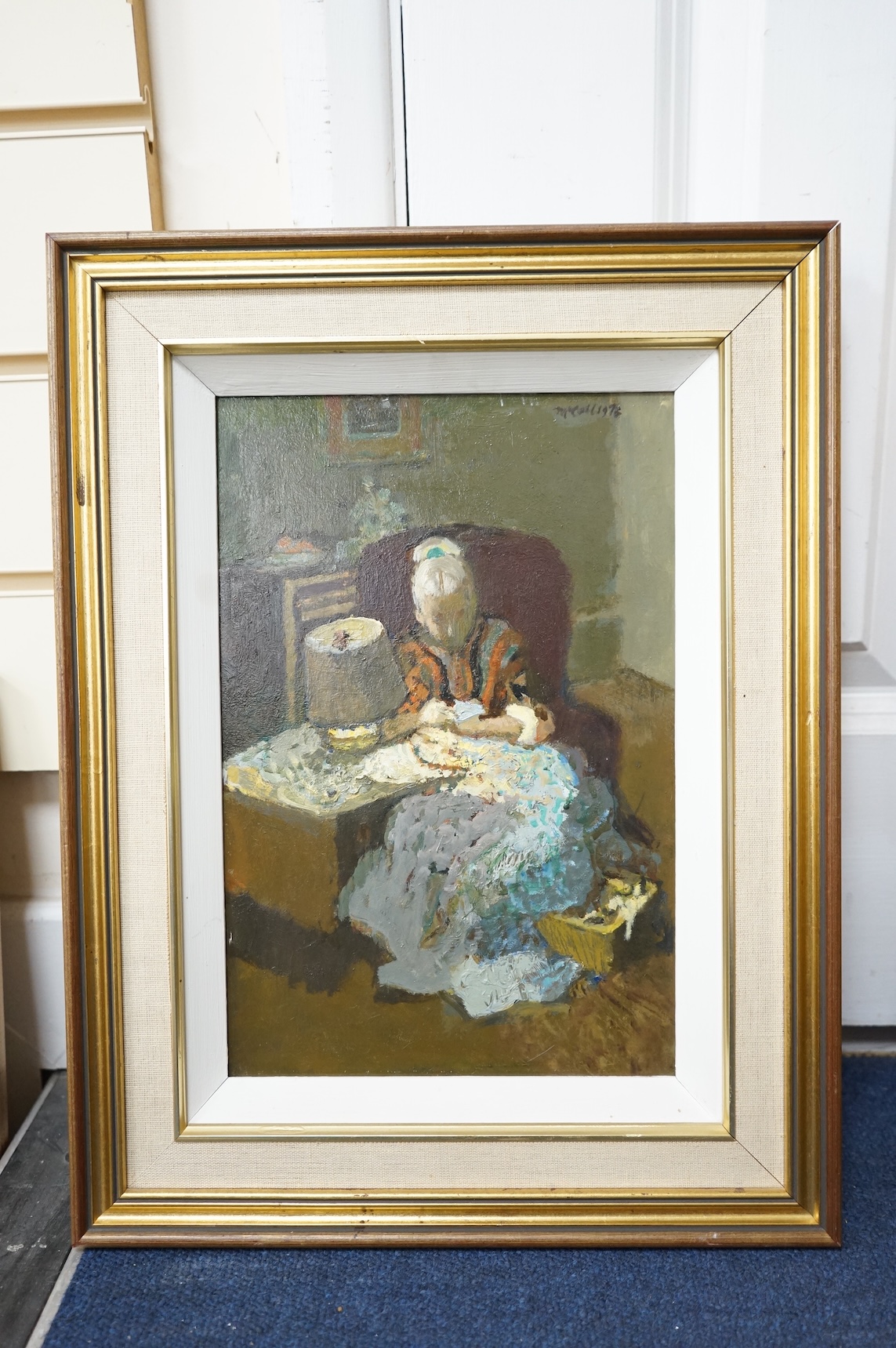 Charles McCall (Scottish, 1907-1989), Woman sewing, signed and dated 1976, oil on board, various labels to include Christies, St. James, London, September 1995 verso, 30 x 20cm